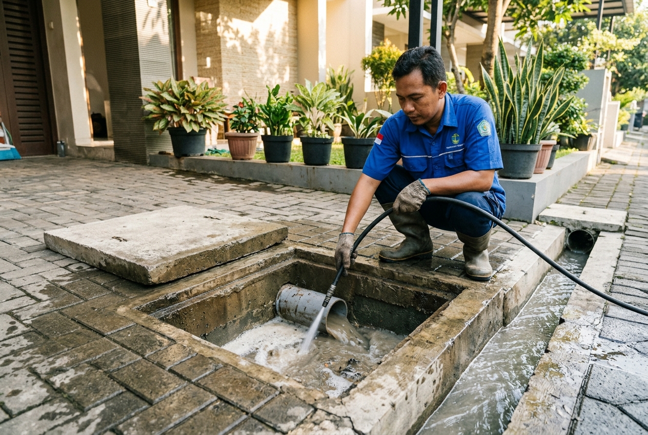 Teknisi profesional membersihkan bak kontrol carport rumah menggunakan selang semprot hydro jetting