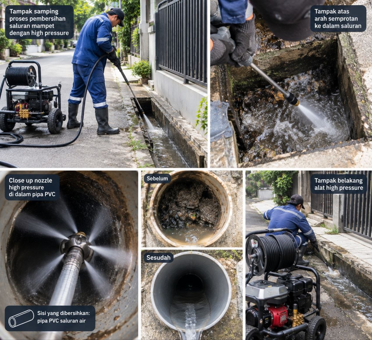 Pembersihan pipa PVC menggunakan semprotan hydro jetting tekanan tinggi tanpa zat kimia berbahaya