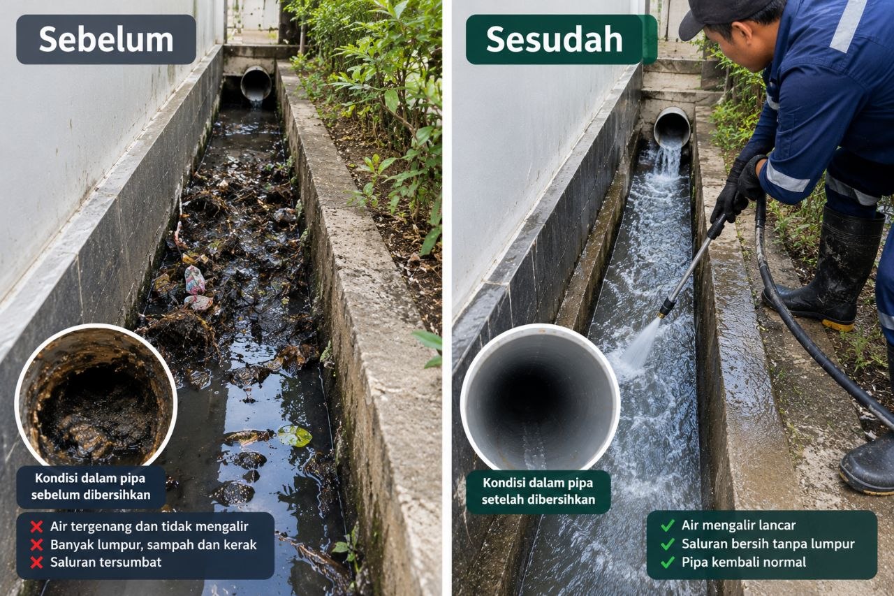 Perbandingan sebelum dan sesudah pembersihan saluran got luar yang tersumbat lumpur dan sampah