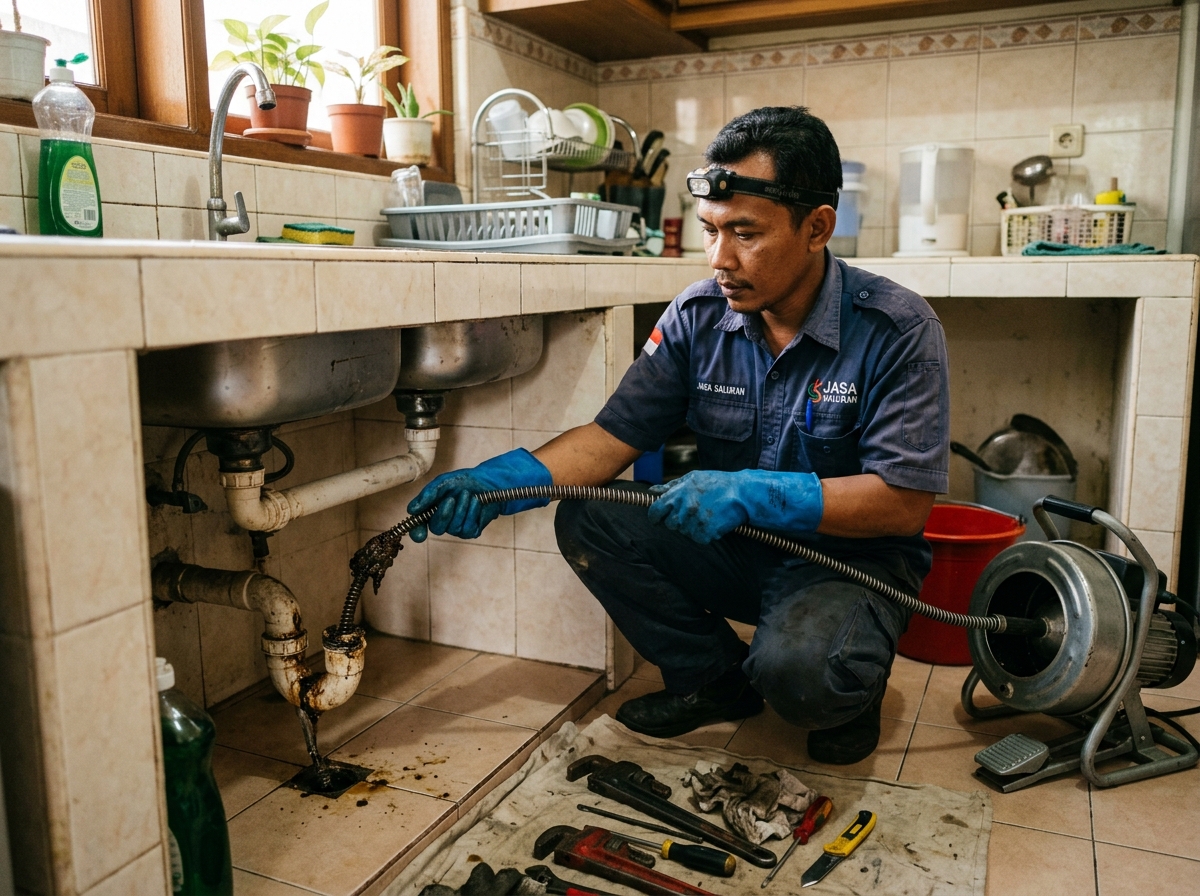 Teknisi profesional melancarkan wastafel dapur tersumbat lemak menggunakan mesin kawat spiral